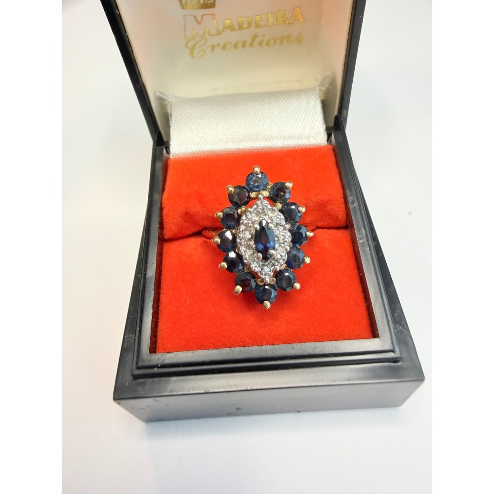 Vintage 14K Yellow Gold Sapphire & Diamond Cluster Ring Size 6